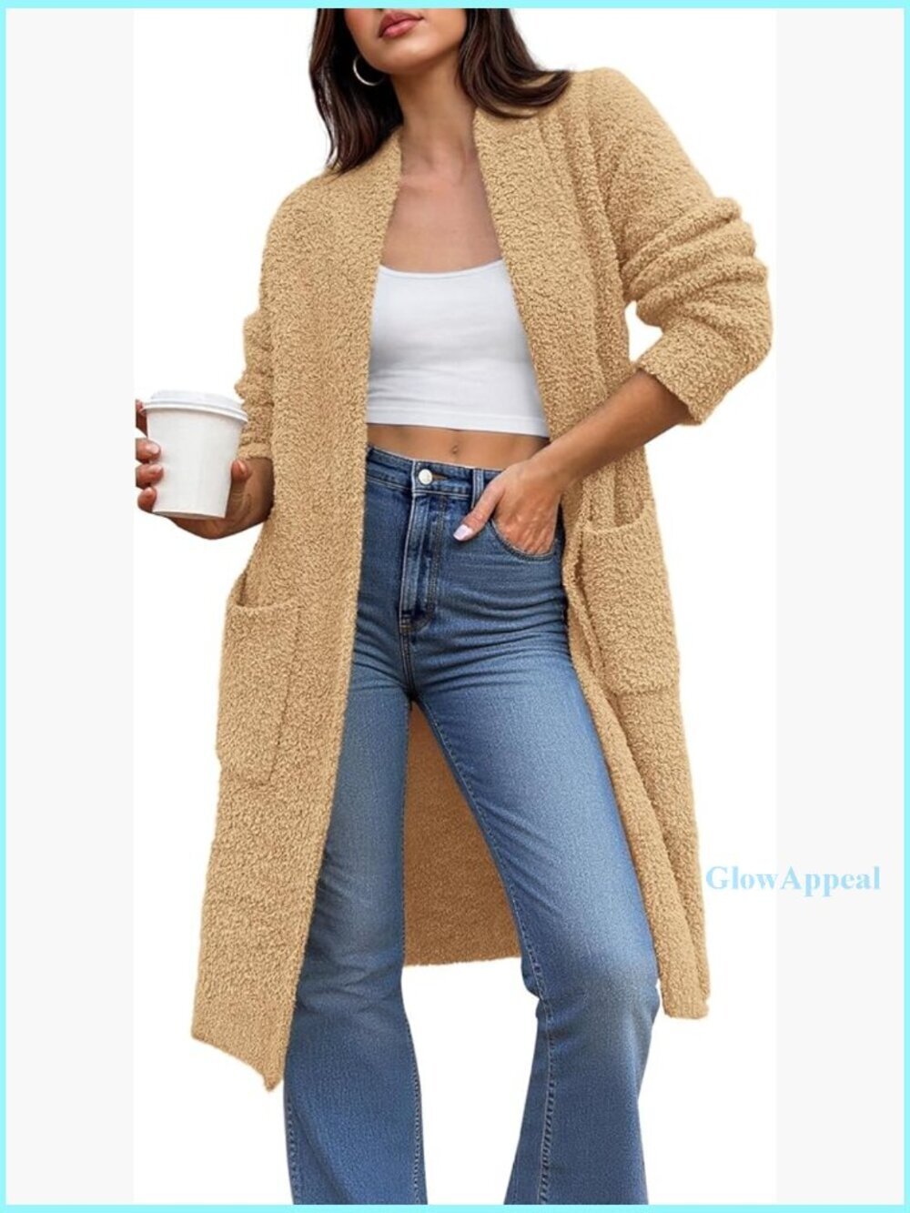 Oversized Long Cardigan Sweater with Pockets, V-Neck, Knee Length